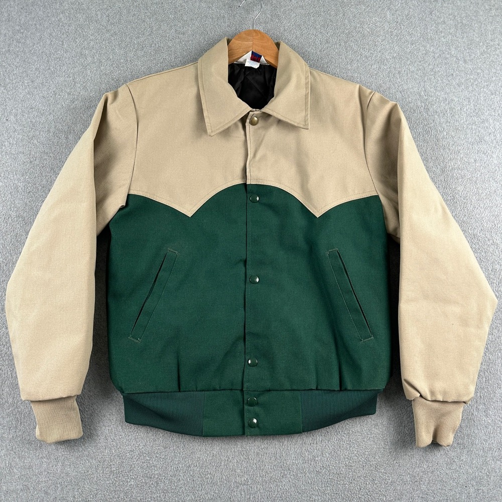 Vintage WestArk Bomber Jacket Mens S Green Tan Western Quilted Lined Made in USA
